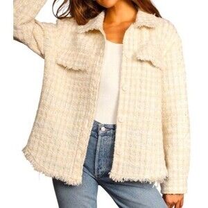 Lulu's Made W/Love SZ L Cream & Tan Tweed Shacket Fringe Trim Boucle Beautiful